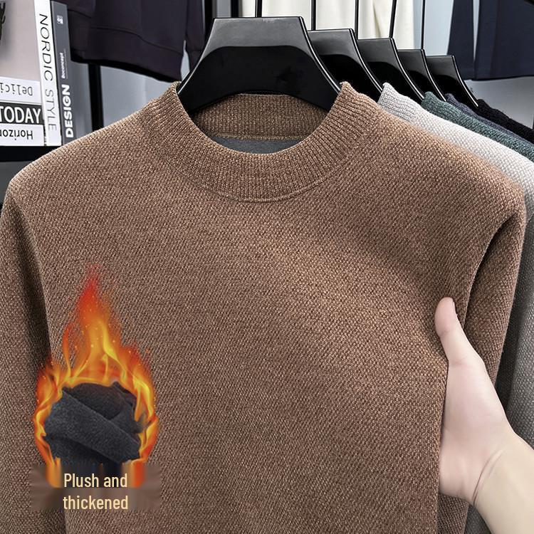 

Мужской вязаный пуловер с флисовой подкладкой - Искусственный норковый кашемир, Однотонный, Круглый вырез, Теплая осенне-зимняя мужская одежда M кофейный