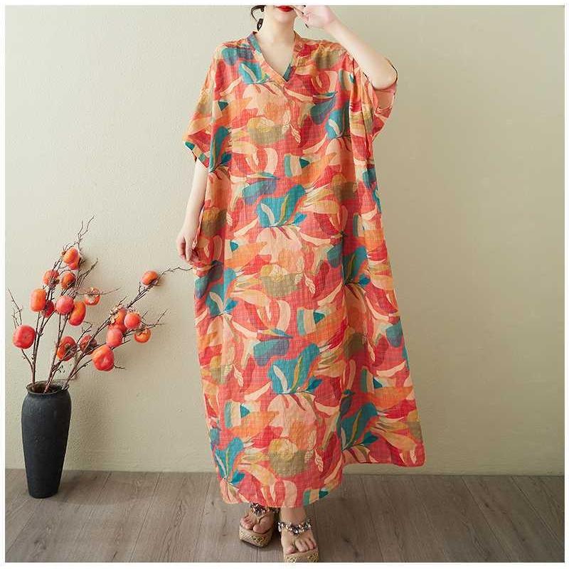Women's Vintage Long Dress with Cotton and Linen Patterns