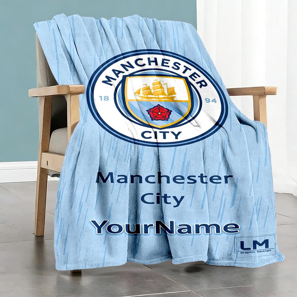 Manchester City Customize Text Blanket Gift Personalized Blanket Warmthful Decor Throw For Couch Office Chair Living Room Chair Four Seasons Universal