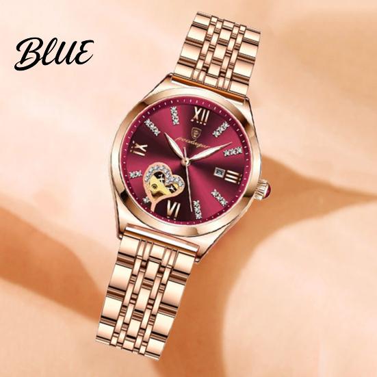 Round Dial Women Rhinestone Dress Steel Strap Luminous Stainless Watch Waterproof Calendar Display Wristwatch Fashion