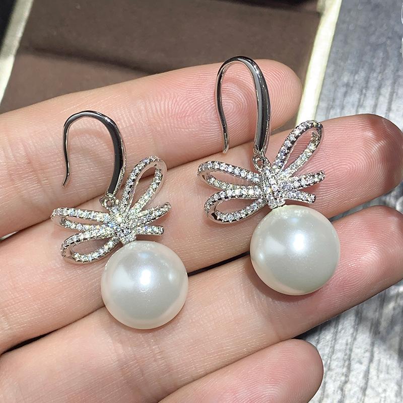 Jewelry Copper Bottom Gold-Plated Inlaid White Bead Bow Diamond-Set Female 14Mm