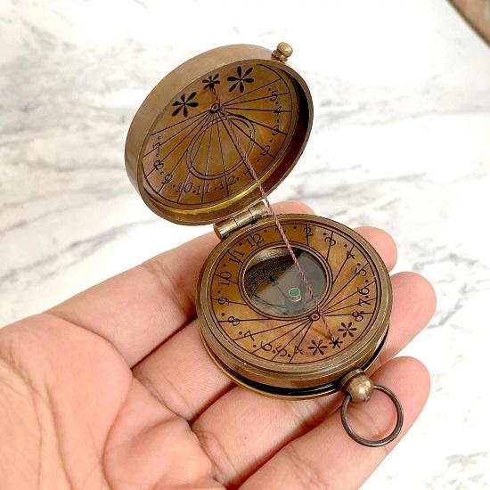 Handmade  Brass Sundial Compass with Leather Case Pocket Compass Gift for Him