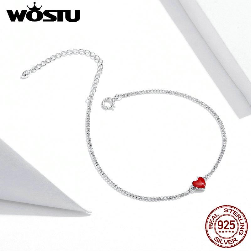WOSTU Real 925 Sterling Silver Simple Red Heart Chain Bracelets Adjustable Lovely Links Birthday Jewelry Special Anniverary Gift