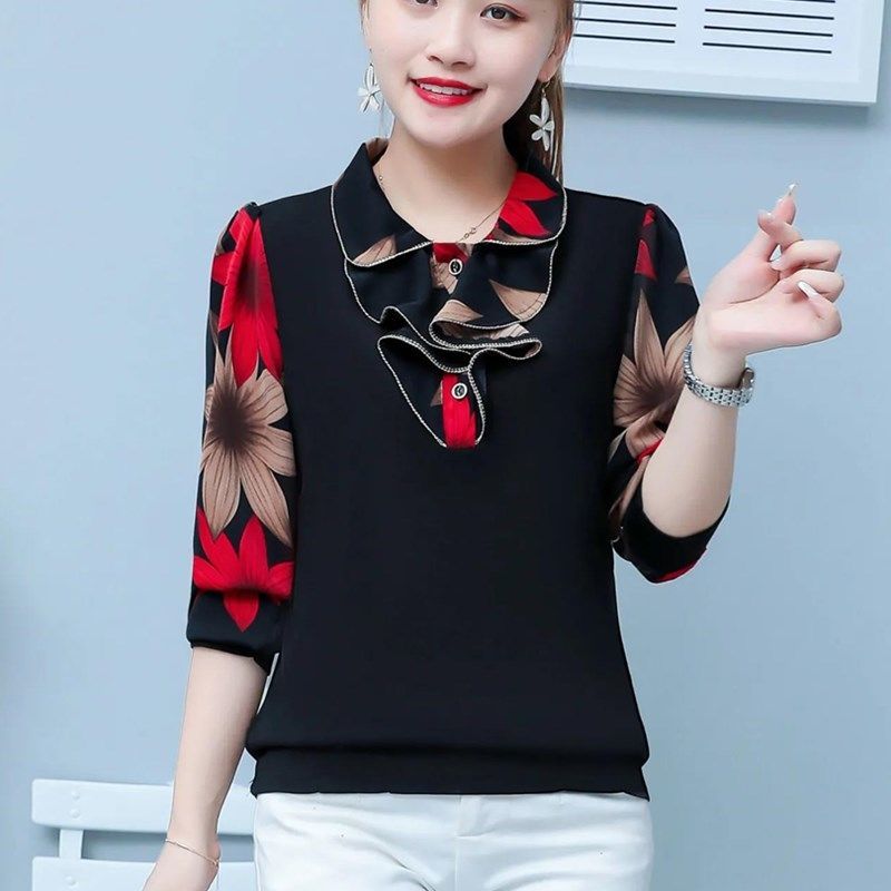 Autumn Female Peter Pan Collar Ruffles Spliced Fashion Shirt Elegant Korean Printed Long Sleeve Loose Blouse Women's Clothing