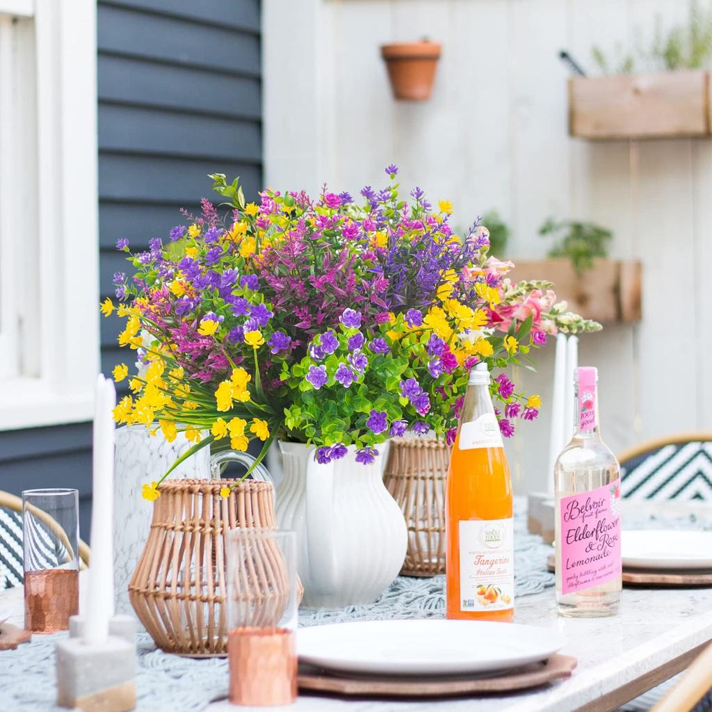 20 Bundles Artificial Flowers Outdoor UV Resistant No Fade Fake Plants Faux Plastic Shrubs for Garden Patio Porch Window Box Home Wedding Farmhouse