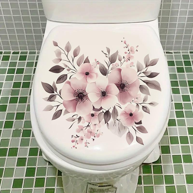 Pink Floral Toilet Wall Sticker Self-Adhesive Waterproof Removable Bathroom Cute Home Decor Art