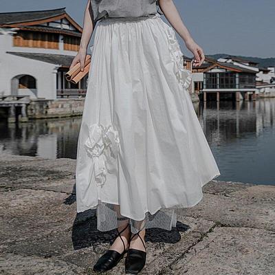 Women Flower Patchwork Lace Skirt Cotton Solid Color Elastic Waist Clothes Autumn Vintage Skirts