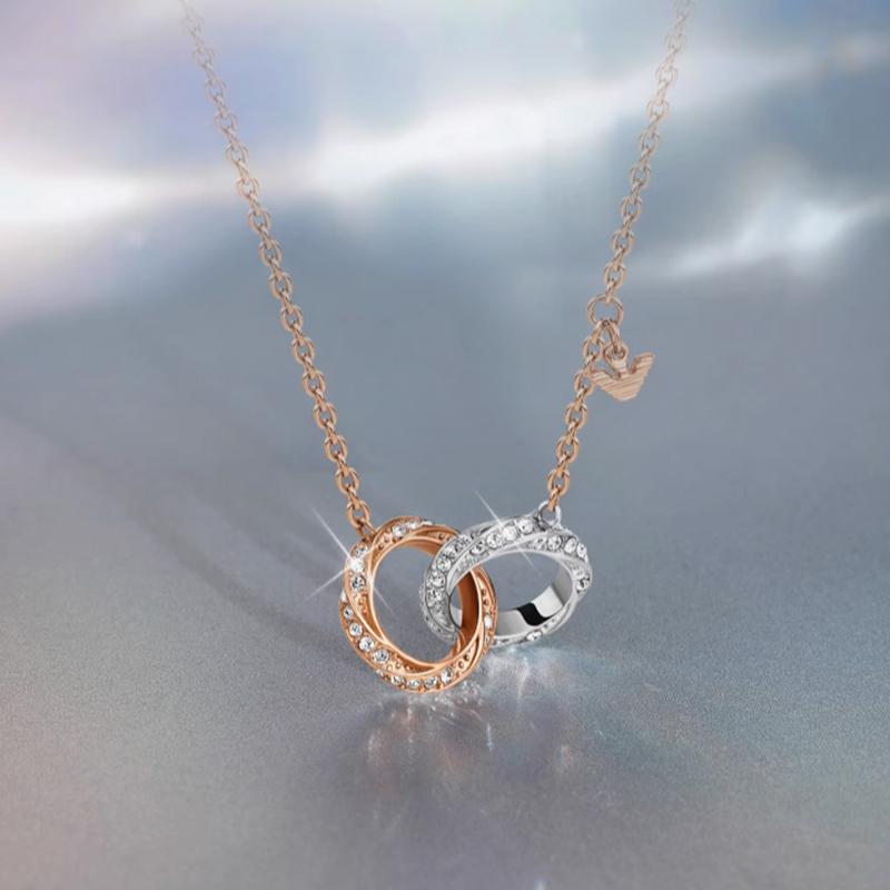 Emporio Armani Fashion Simple Trendy Double Ring Diamond Inlaid Stainless Steel Necklace Women necklace Rose-Gold EGS3004221