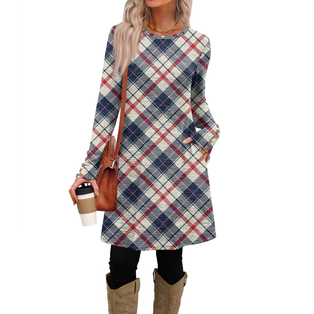 Rochie Casual de Damă la Modă cu Buzunare, Nasturi Decorativi, Gât Rotund și Mâneci Lungi