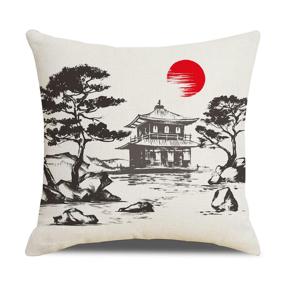 New Chinese Style Linen Pillowcase Ink Painting Landscape Digital Printing Cushion Cover Sofa Living Room Bedroom Cushion Cover