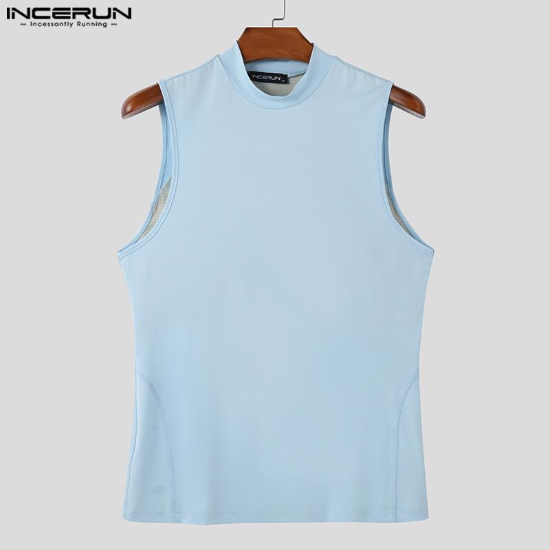 INCERUN Summer Men Sleeveless Back Patchwork Stretch Skinny Tank Tops T-shirts