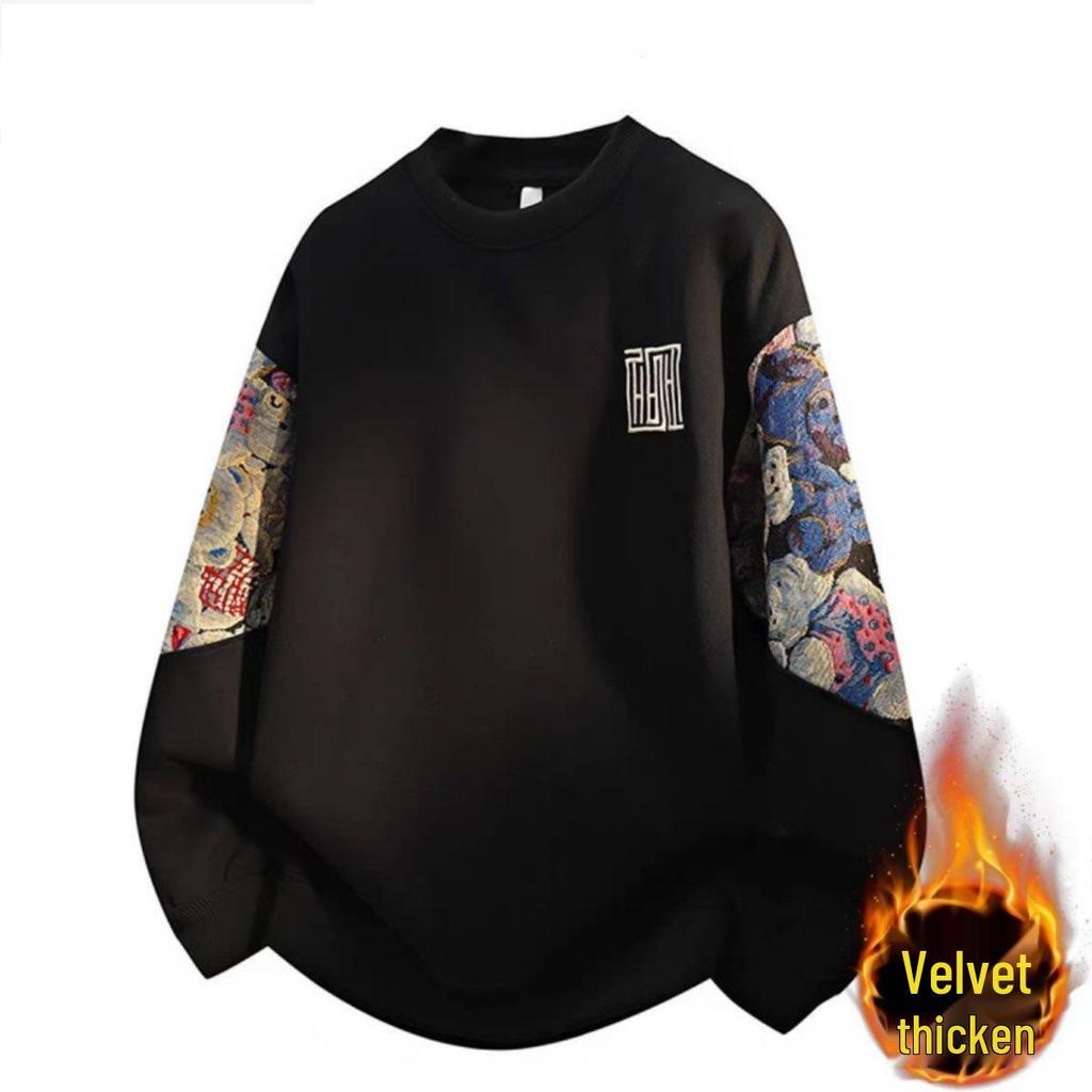 Plus Size Ethnic Style Embroidered Men's Hoodie - Autumn/Winter Retro Round Neck, Velvet, Long Sleeve, Enlarged Fit