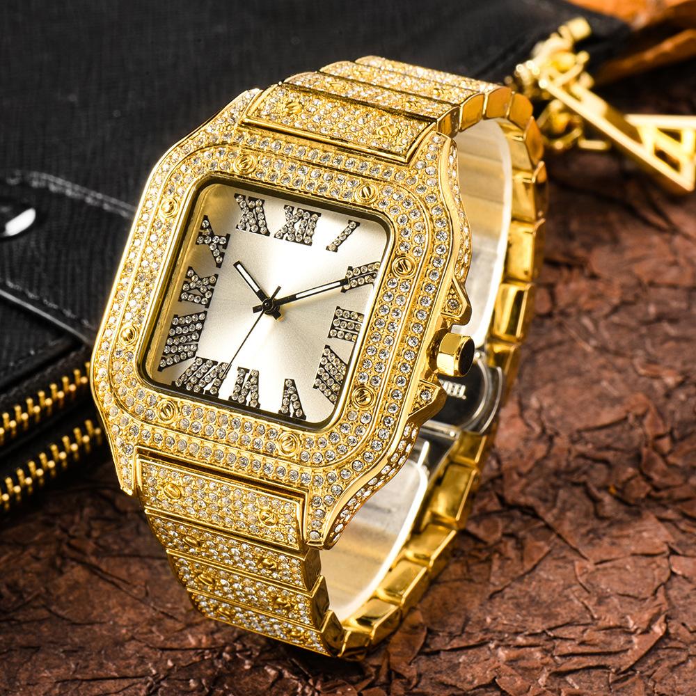 MISSFOX Luxury Diamond Watches for Men Hip Hop Style Bling Bling Iced Out Wristwatch Fashion Square Stainless Steel Waterproof Clock