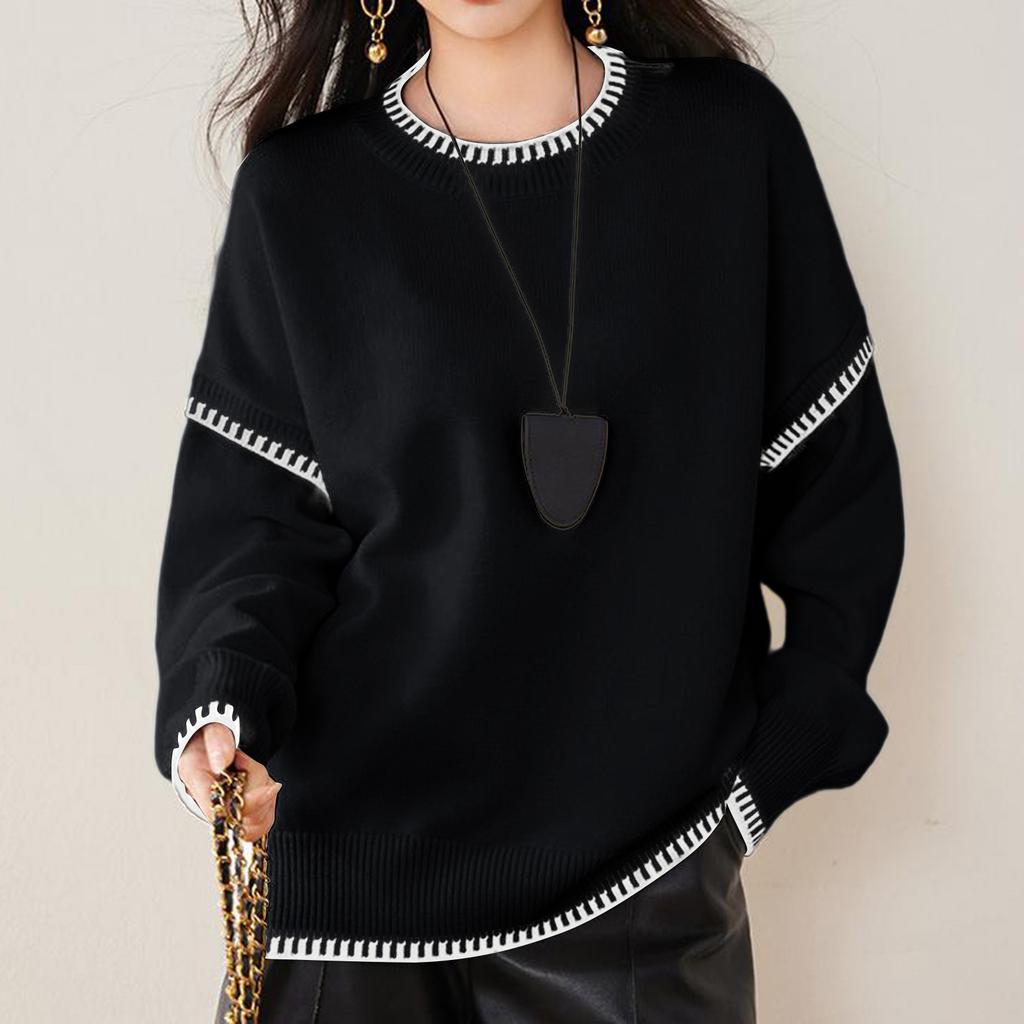 Women's Fashionable Casual Versatile Lazy Style Contrast Round Neck Pullover Long Sleeve Loose Knitted Sweater