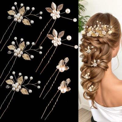 7 Piezas Pasador de Pelo con Perlas y Hojas Doradas Para Mujer Elegante Accesorio de Estilismo Fuerte Sujeción Tocado para Boda Fiesta Fotografía