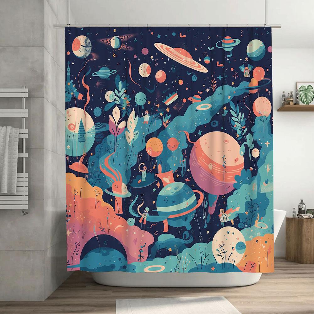 Space-themed Shower Curtain Set Featuring Vibrant Planets and Galaxies Perfect for a Modern Bathroom Decor Upgrade!