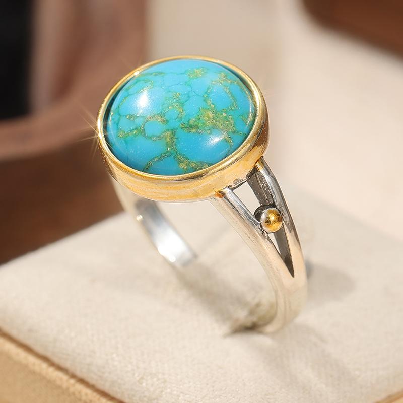 Vintage Round Copper Material Craftsman Makes Synthetic Turquoise Ring for Women Bohemian Ring Daily Matching Ring