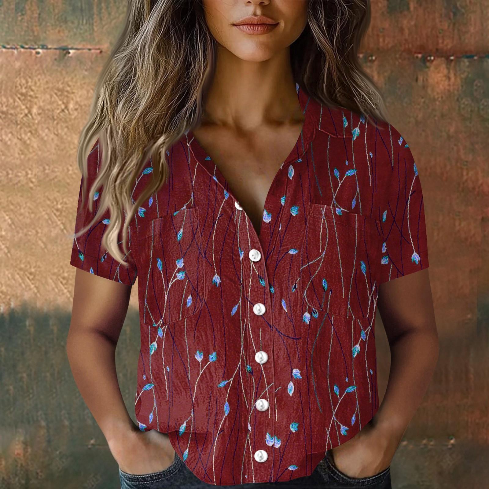 

Жіночі бавовняні лляні топи з короткими рукавами, вільні бохо футболки, вінтажні блузки XL винний