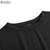 ZANZEA Damen Casual Langarm O-Ausschnitt Einfarbig Vorderschlitz Langes T-Shirt