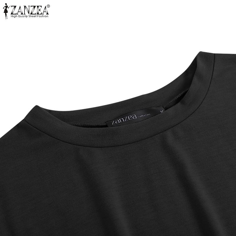 ZANZEA Damen Casual Langarm O-Ausschnitt Einfarbig Vorderschlitz Langes T-Shirt