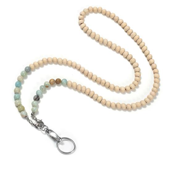Stylish Beaded Lanyard ID Badge Holder with Lobster Clasp Keyring Natural Wood Beads Work Card Lanyard