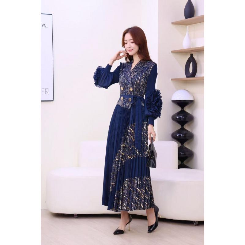 European and American Panhua 3D Floral Pleated Dress with Lantern Sleeves and Large Swing Skirt