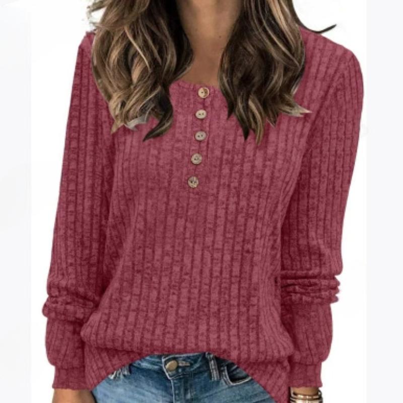 Women's Round Neck, Pit Stripe, Frosted, Solid Color Button, Solid Color Long Sleeved T-shirt