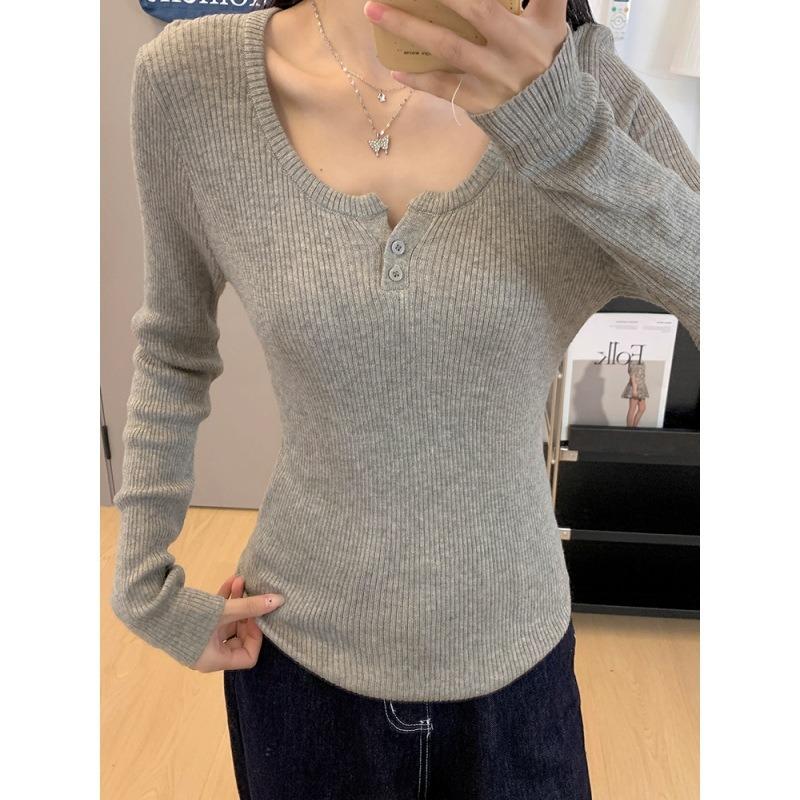 Button semi-open neck slim-fitting thin knitted long-sleeved women's spring inner cover Spice girl slim bottoming shirt Basic top