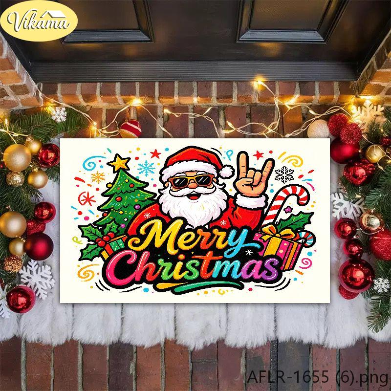 Rock-Style Christmas Doormat, Graffiti-Style Santa Claus Design, Non-Slip and Washable Entryway Rug, Home Decor