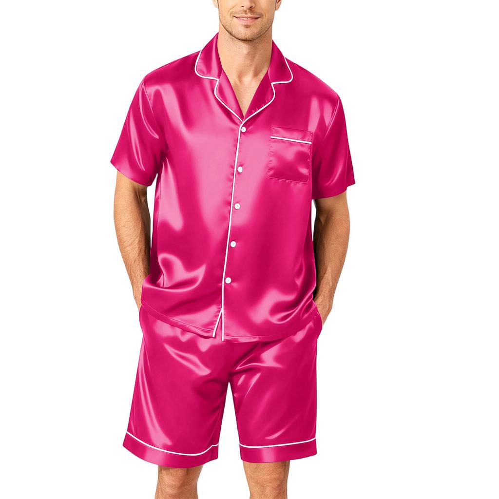 Men's Short Sleeve Button Down Pajama Set with Sleep Shorts Soft Casual Two-Piece Nightwear for Home Size S-4XL