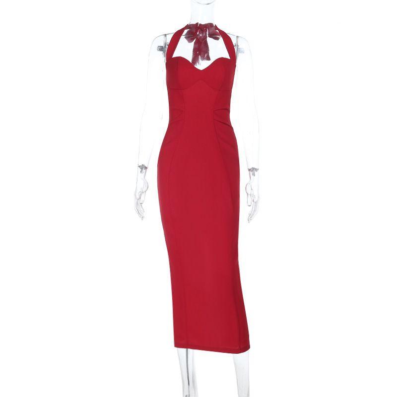 

Fashion Style Cross-Border New Arrival Long Dress Halterneck Low Cut Open Back Sexy Temperament Dinner Fancy Slim Looking Dress Women Red L