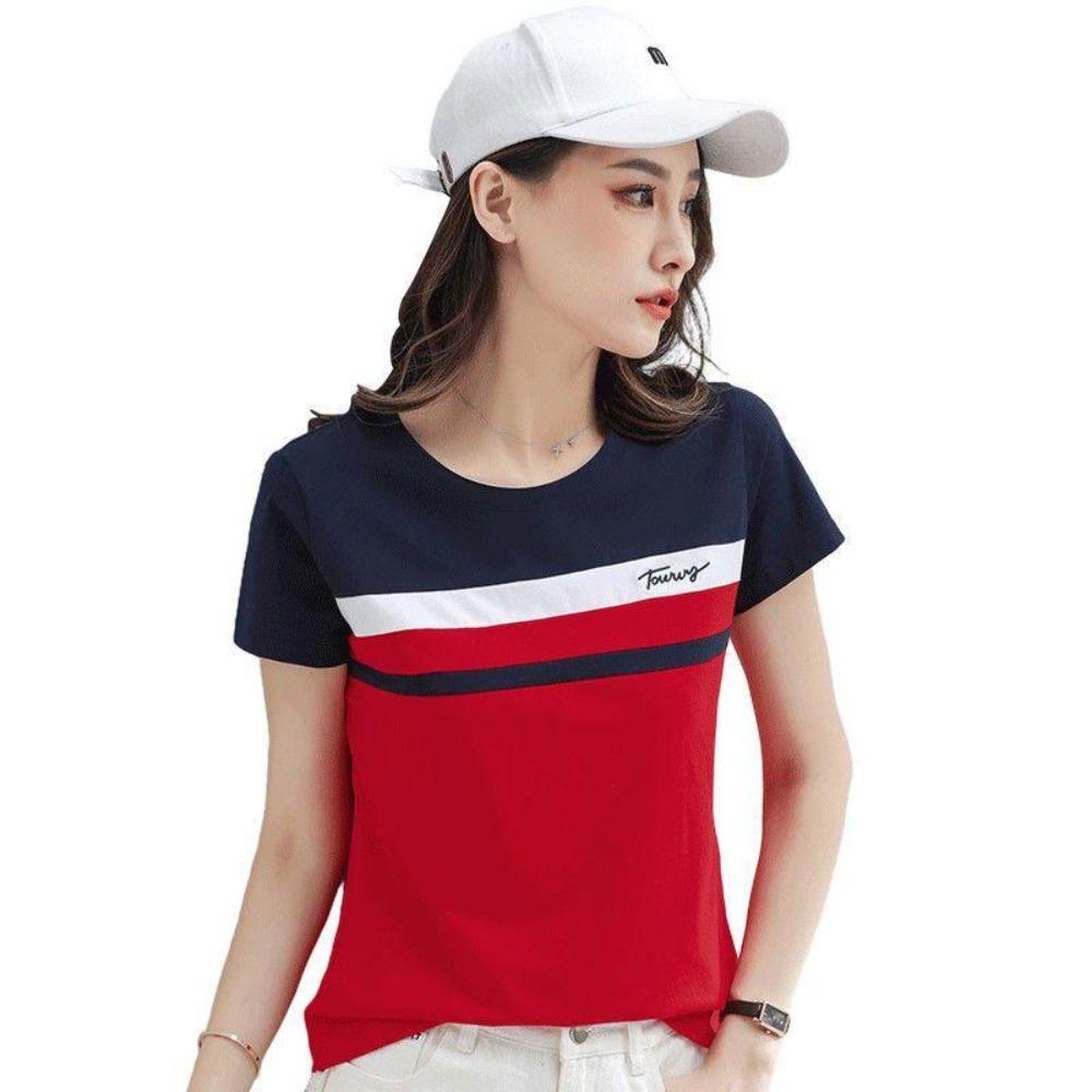 Summer Female   Cotton Embroidered Short-Sleeved T-shirt Women's Fashion Stitching Top Half-Sleeved T-shirt