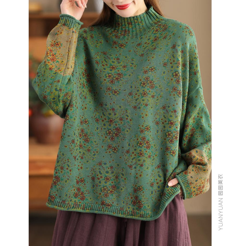 Damen-Pullover-Sweater mit Stehkragen Langarm im Patchwork-Blumendruck Frühling Strick-Damenpullover