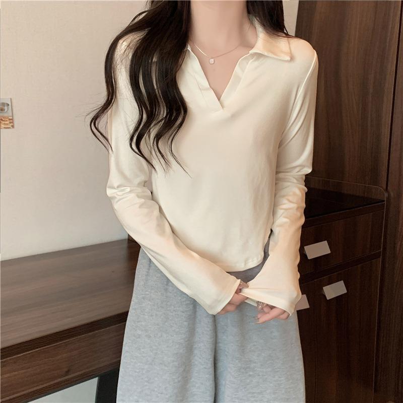 

Реальное фото рубашка поло с коротким воротником футболка с длинным рукавом женская осенне-зимняя приталенная внутренняя из немецкого бархата однотонная базовая рубашка топ XL абрикосовый