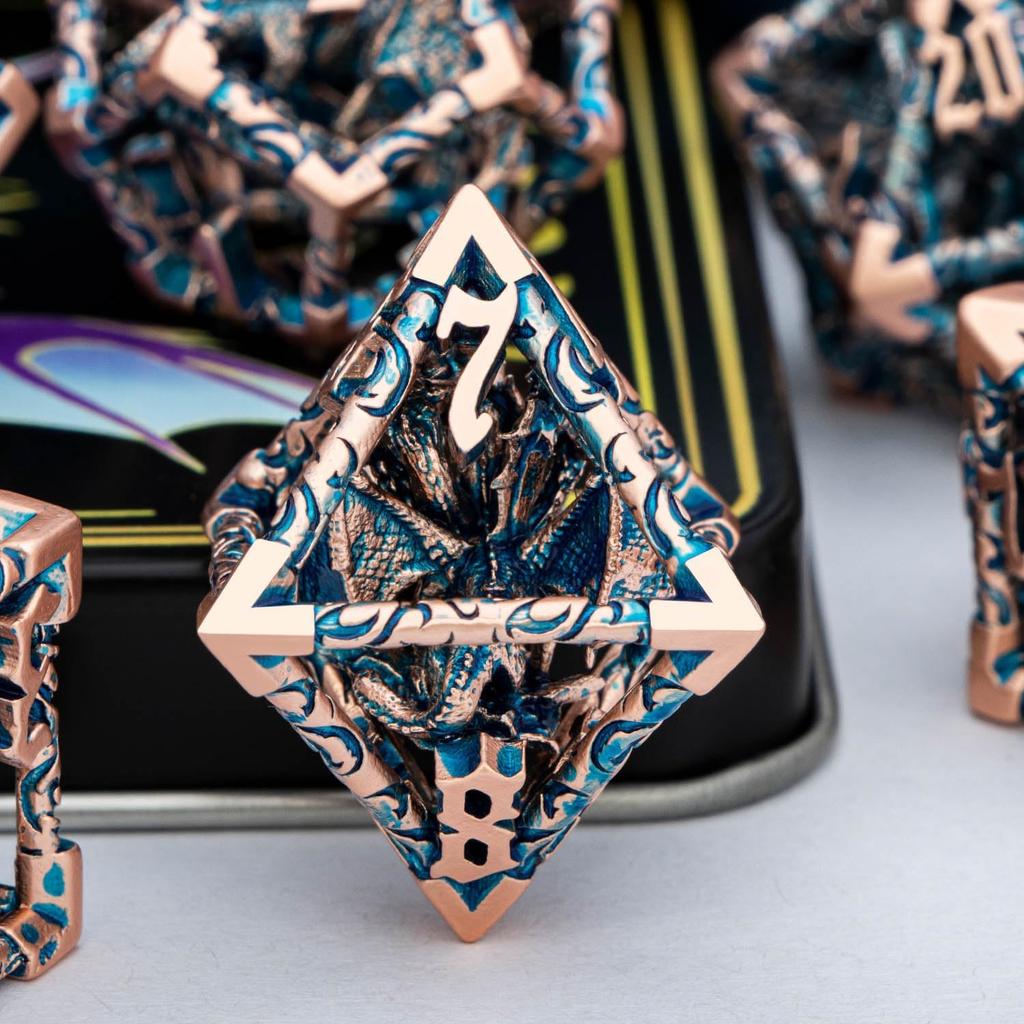 ARUOHHA Hollow DND Dice Set Copper Blue 5-Headed Dragon D and D Dice with Gift Box, Dungeons and Dragons Role Playing Games 7PCS Metal Polyhedral