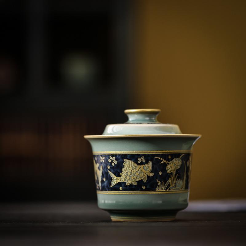 Retro Celadon Cover Bowl Elegant Tea Maker Large Household Ceramic Kung Fu Tea Set Tea Bowl Blue and White Porcelain