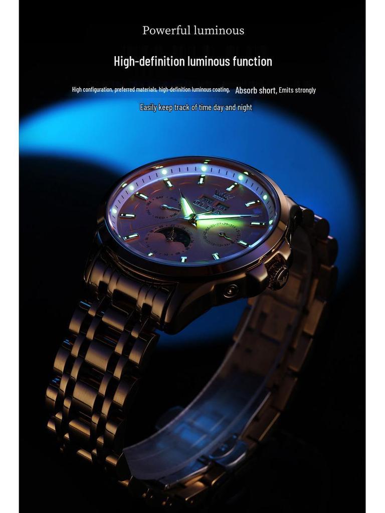 Oulishi Multifunktionale Automatische Wasserdichte Herrenuhr mit Ewigem Kalender