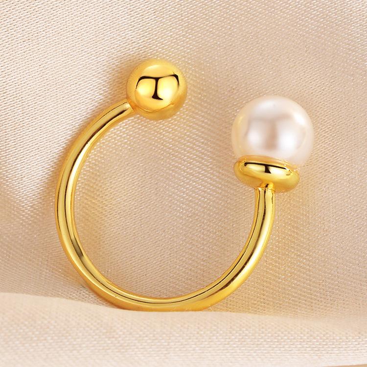 Simple Pearl Ring, Light Luxury Adjustable Open Ball Women's Ring, Gold Hand Jewelry