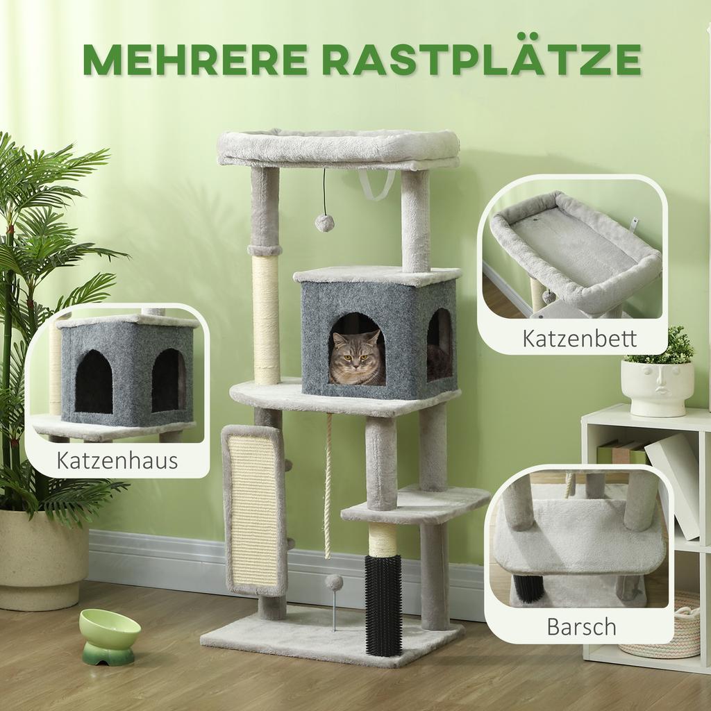 132cm Cat Tree W/ Scratching Posts, Pad, Cat Bed, Cat House, Jumping Platform, Grooming Brush, Anti-Tip Kit, Light Grey
