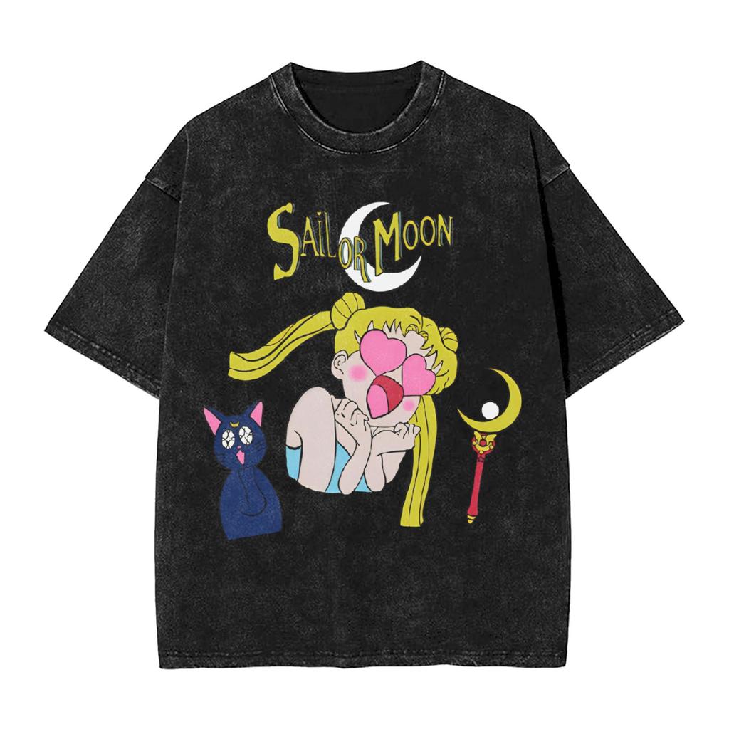 Sailor Moon Anime Printed Tshirt Mens and Womens Washed Tshirt High Quality Vintage Cotton Tshirt Harajuku YK Tops