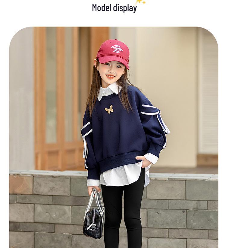 Girls' Trendy Sweatshirt: Spring/Autumn Two-in-One Shirt with Stylish Collar for Kids