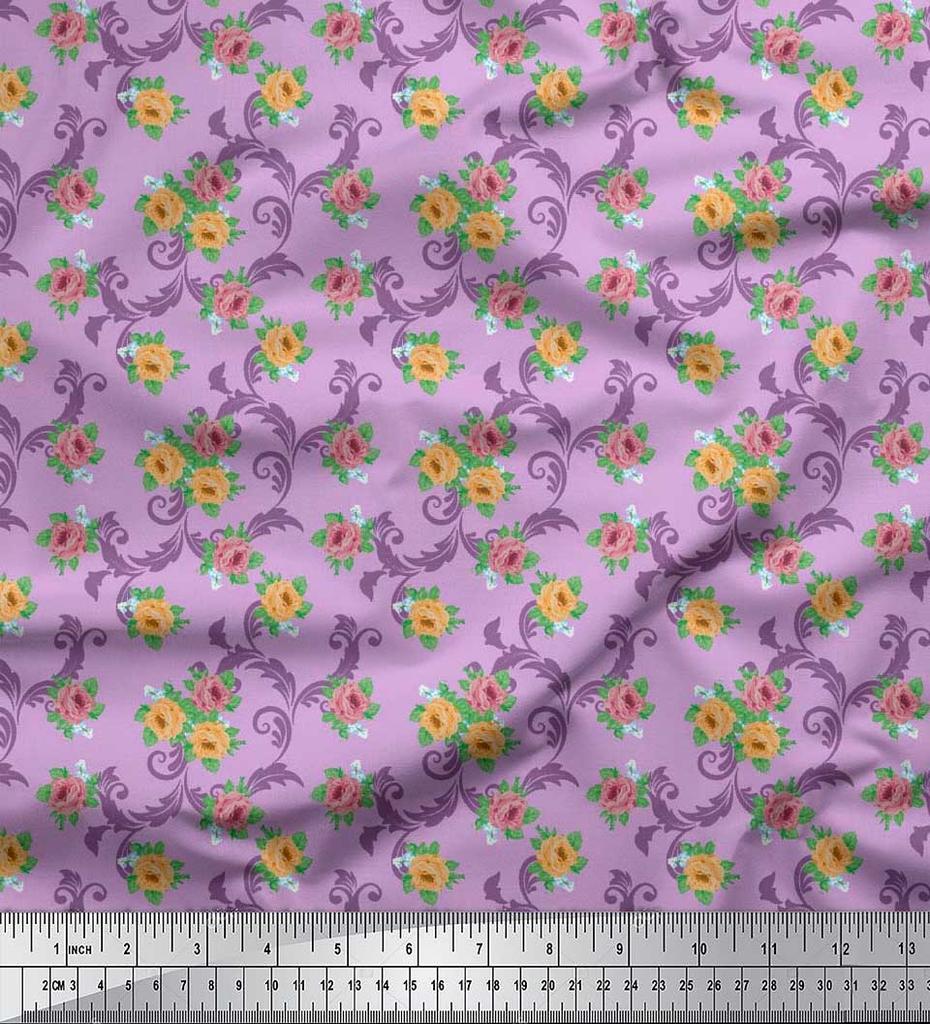 Soimoi Japan Crepe Satin Fabric Swirl,Leaves & Rose Floral Printed Fabric 1 Metre 42 Inch