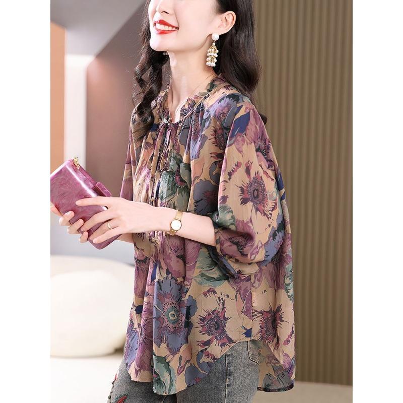Elegant Vintage Loose Floral Chiffon Blouse for Women, Perfect Summer Top for Moms