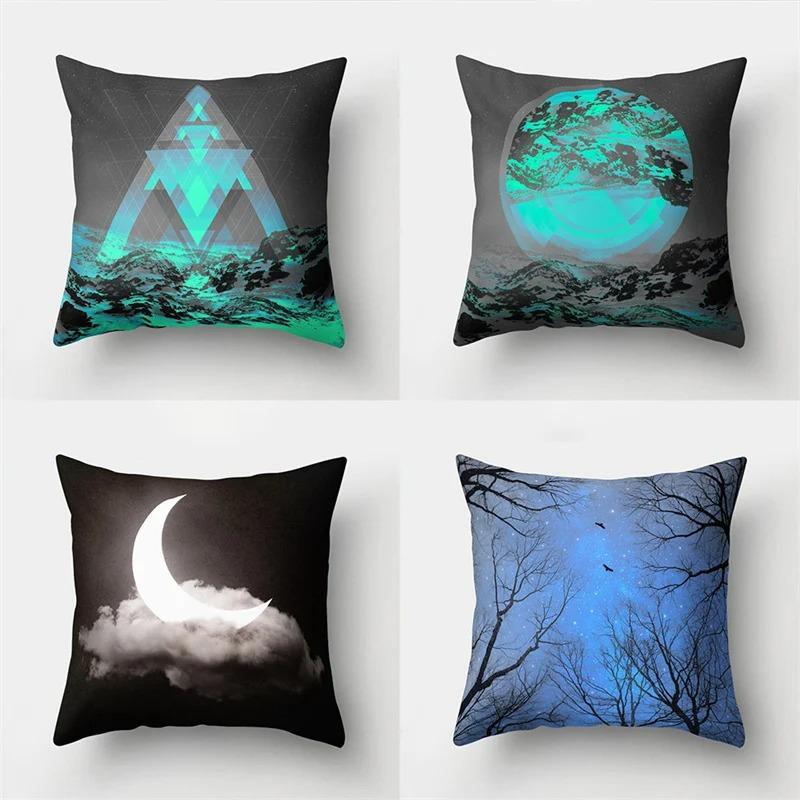 Blue Retro Moon Star Pillowcase Car Ornaments Office Living Room Home Pillowcase