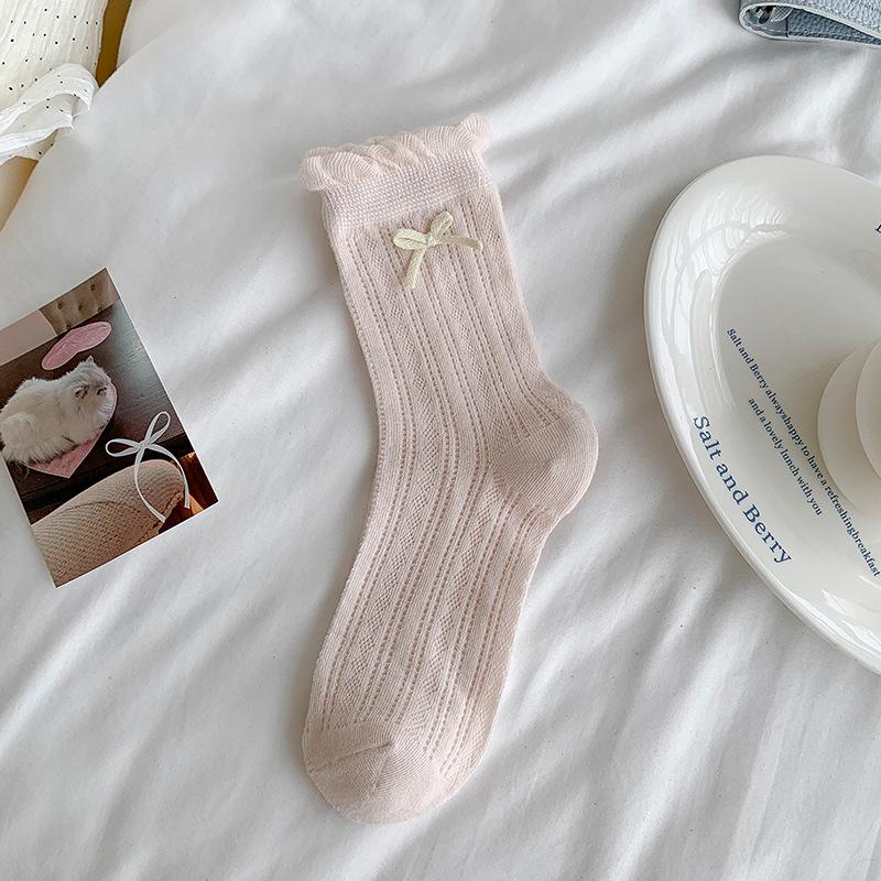 

Милые носки до середины икры с бантом для женщин, летние тонкие сетчатые ажурные махровые носки, однотонные кружевные длинные носки 1 pair розовый