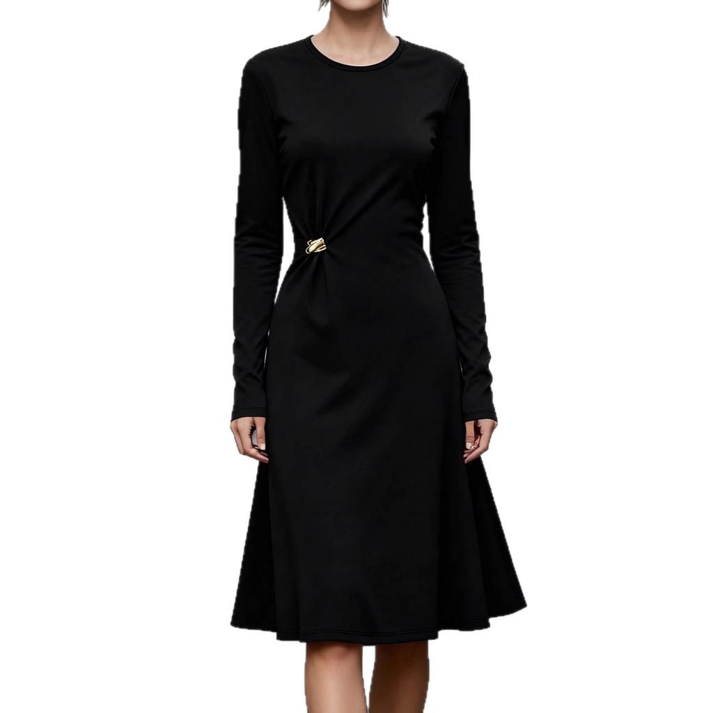 Autumn and Winter Minimalist Temperament Commuter Long-sleeved A-shaped Skirt European and American Polyester Splicing Mid-waist Dress