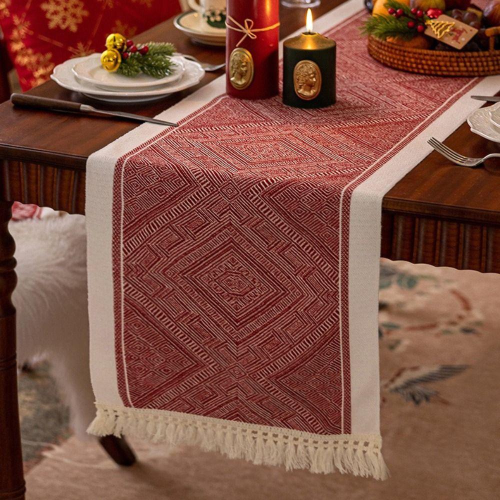 Polyester Christmas Table Runner Santa Claus Pattern Cartoon Pattern Long Tablecloth Snowflake Pattern Multi-Color Tassel