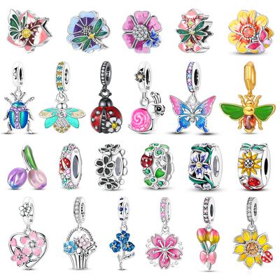 925 Silver Butterfly Charm with Colorful Flowers Beads Beetle Ladybug Dangle Pendant for Bracelet Exquisite Gift