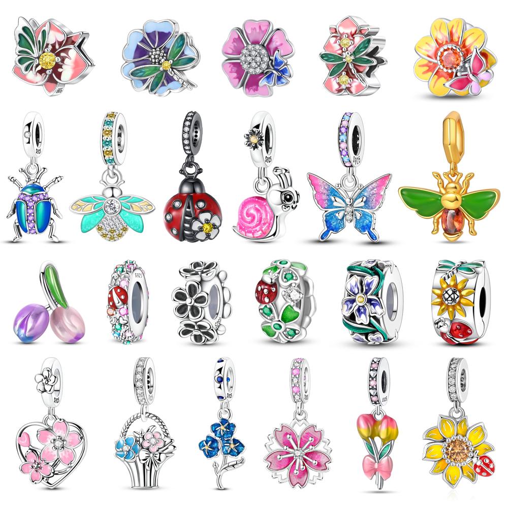 Colorful 925 Silver Butterfly Loves Flowers Beads & Beetle & Ladybug Dangle Charm Fits Bracelet Exquisite Pendant Gifts