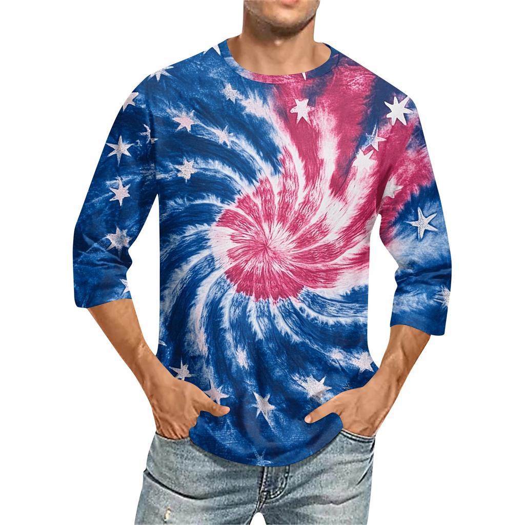 Men's Fashion Casual Independence Day Print  Neck Seven-point Sleeve Top T-shirt